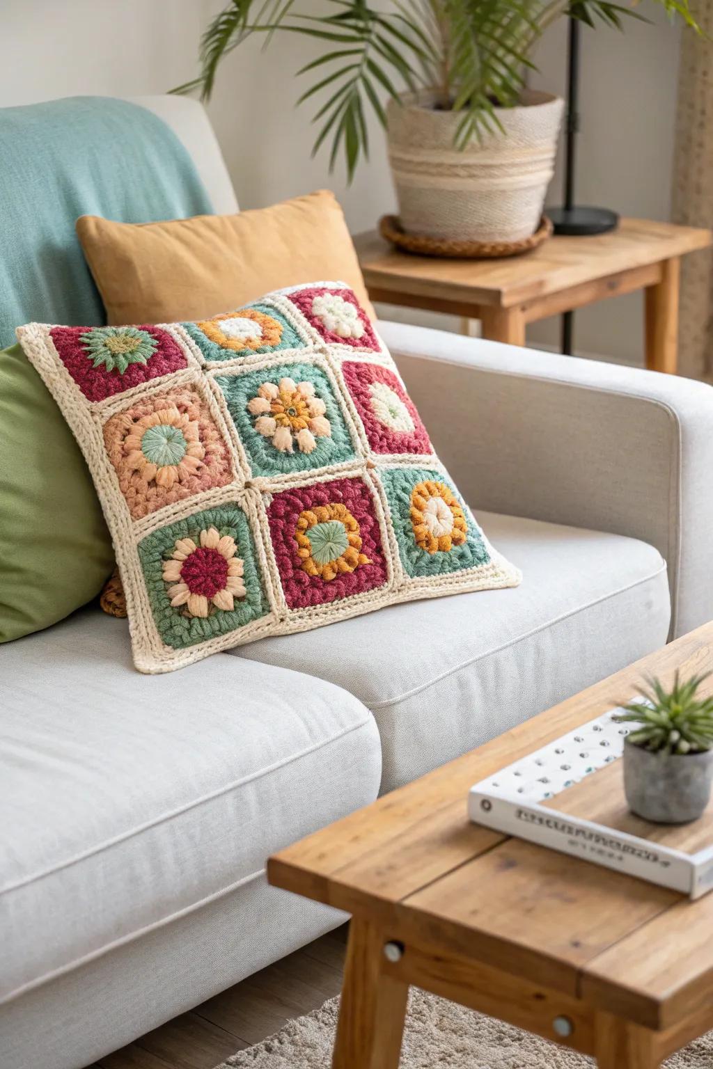 Add a pop of color to your living space with a charming granny square pillow, where craftsmanship meets Scandinavian simplicity.