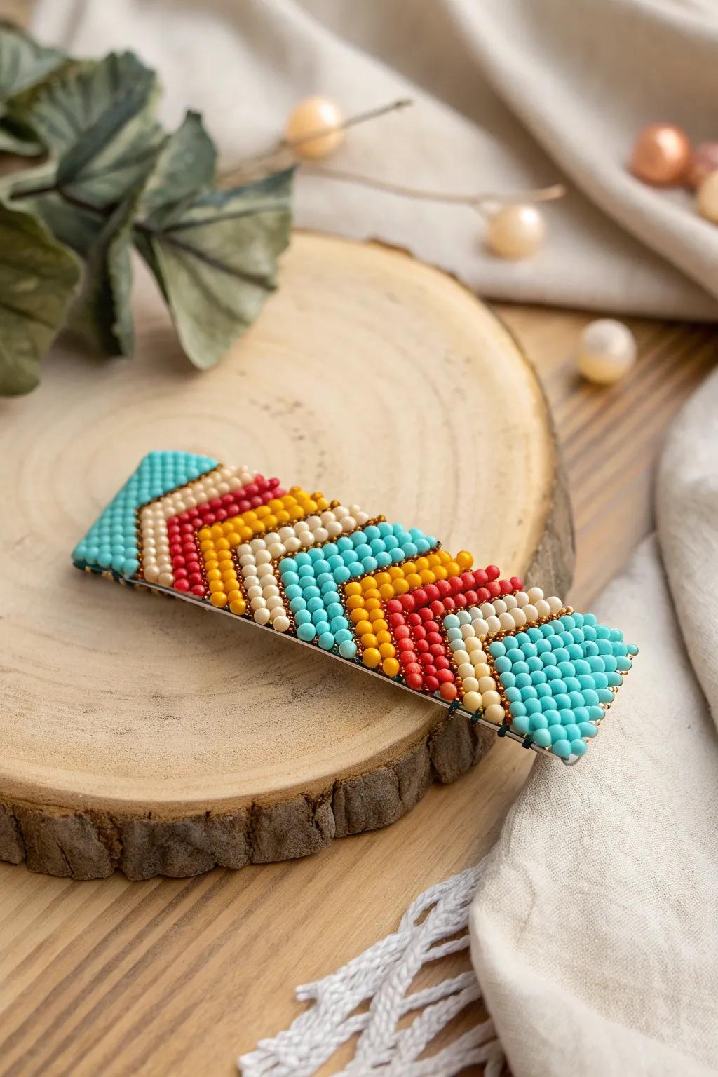 Add a splash of color to your look with this stunning Southwestern barrette, where vibrant hues and intricate patterns meet minimalist elegance.