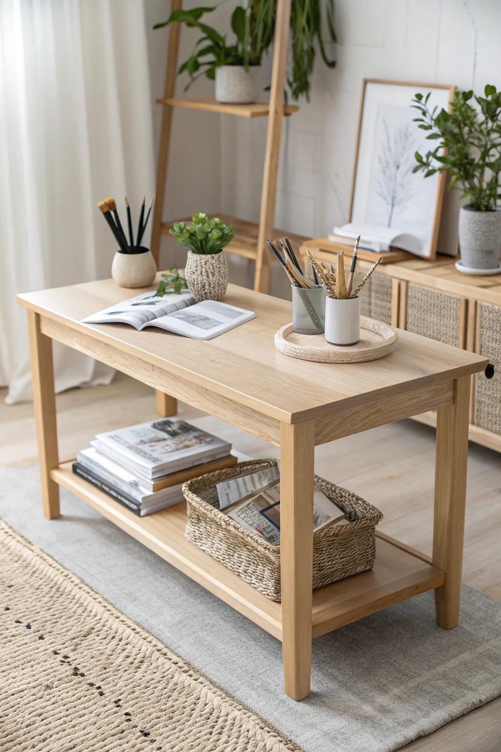 Transform your table into a chic storage solution with a simple lower shelf addition—perfect for keeping your creative space organized and stylish!