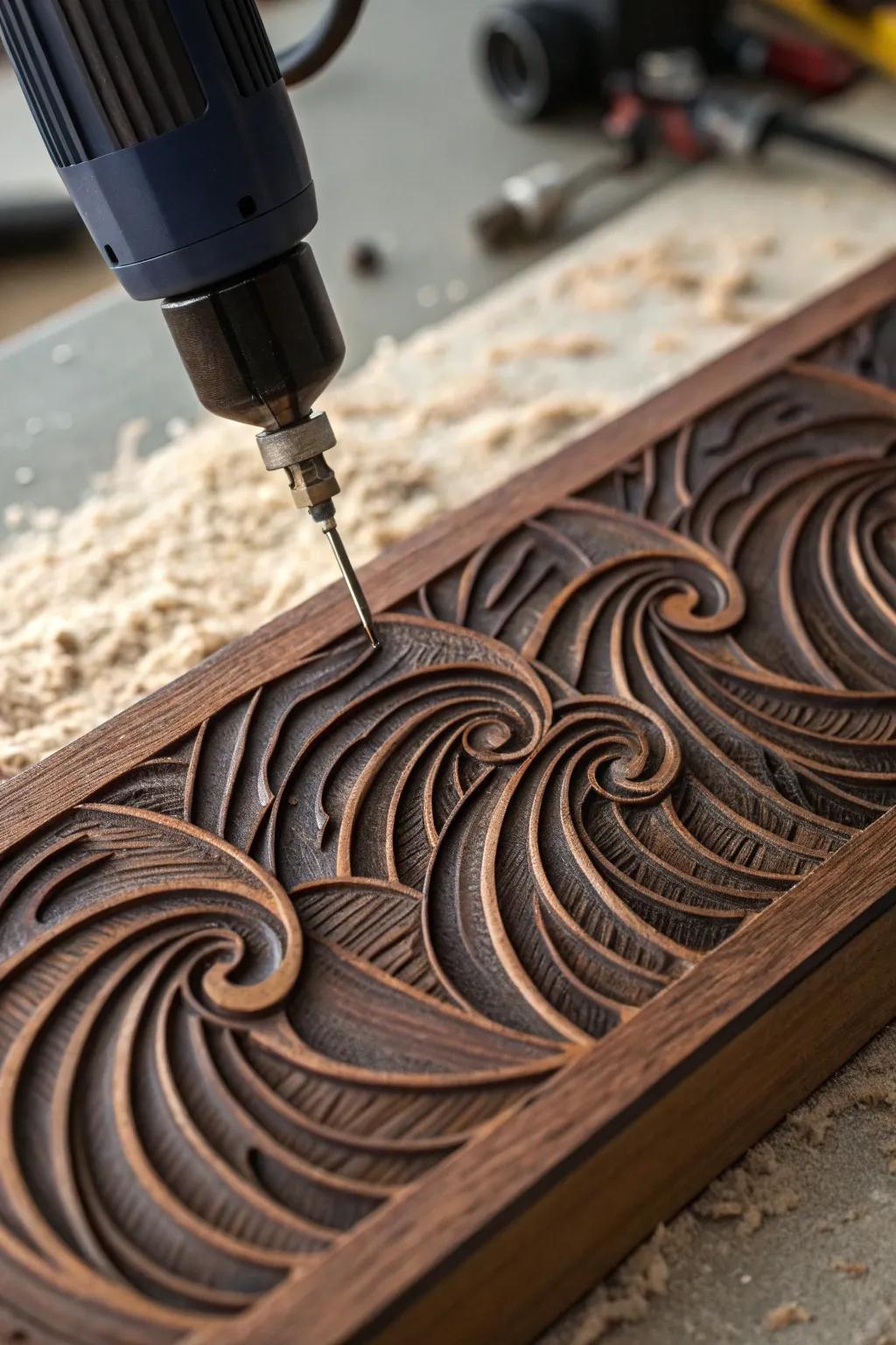 Capture the mesmerizing flow of water in wood—abstract wave carvings that showcase true craftsmanship.