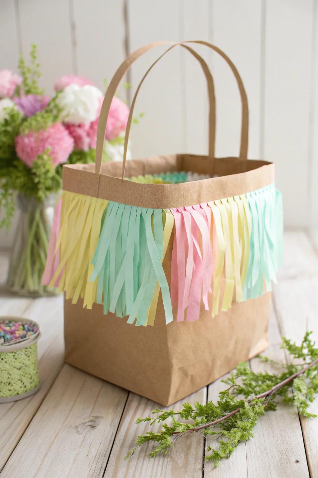 Add a touch of whimsy to your Easter with this beautifully fringed paper bag basket.