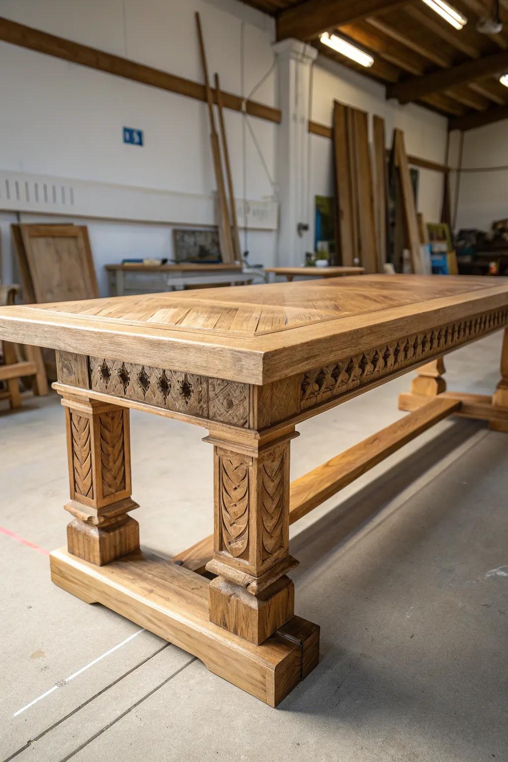 Craftsmanship meets sustainability: a unique wooden table crafted from reclaimed wood.