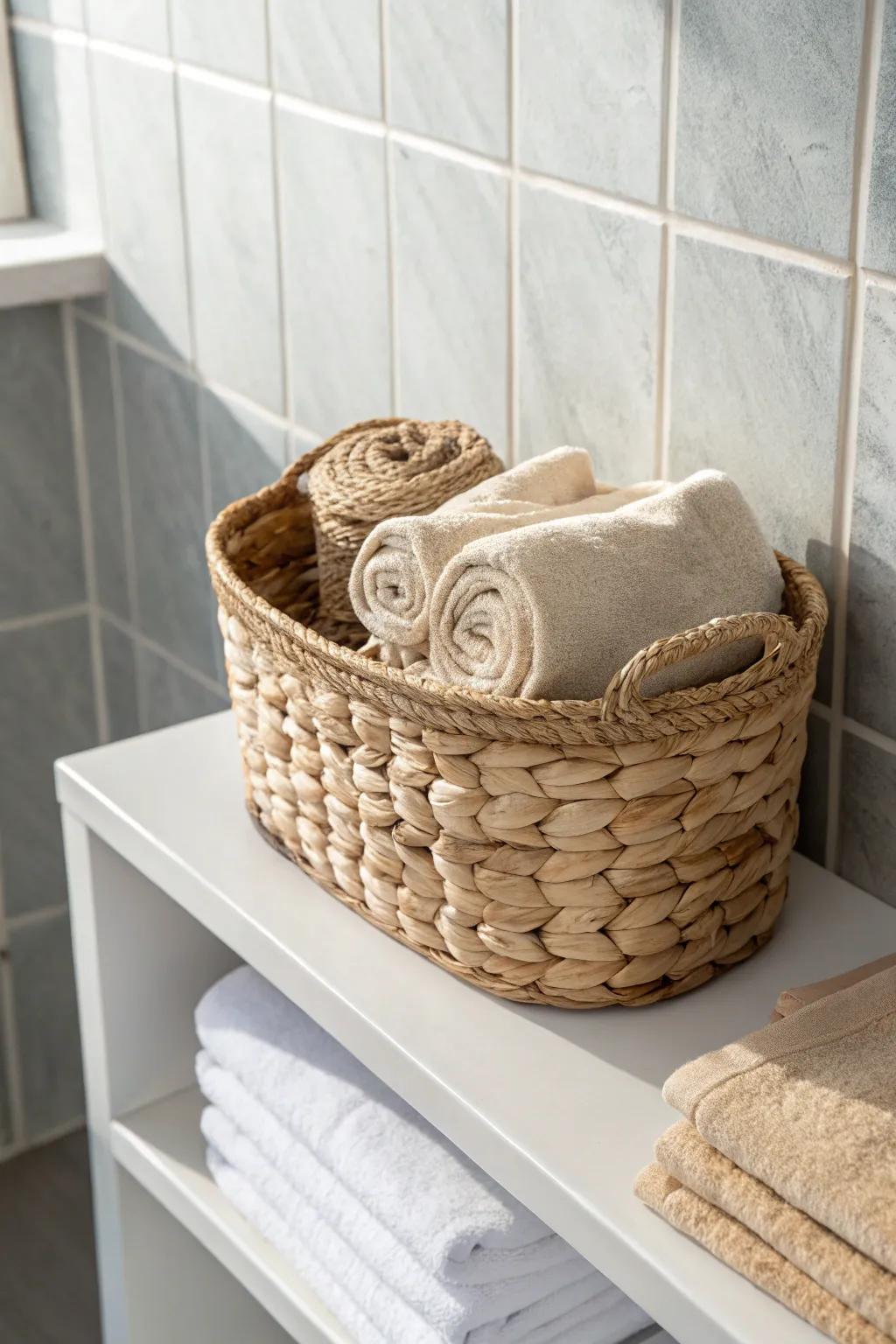 Elevate your bathroom storage with the rustic elegance of wicker baskets. 🌿🧺 #MinimalistDecor #BohoChic