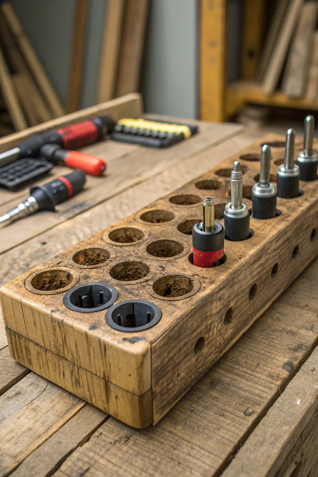 Transform your workspace with this rustic DIY socket organizer, crafted from an upcycled pallet.