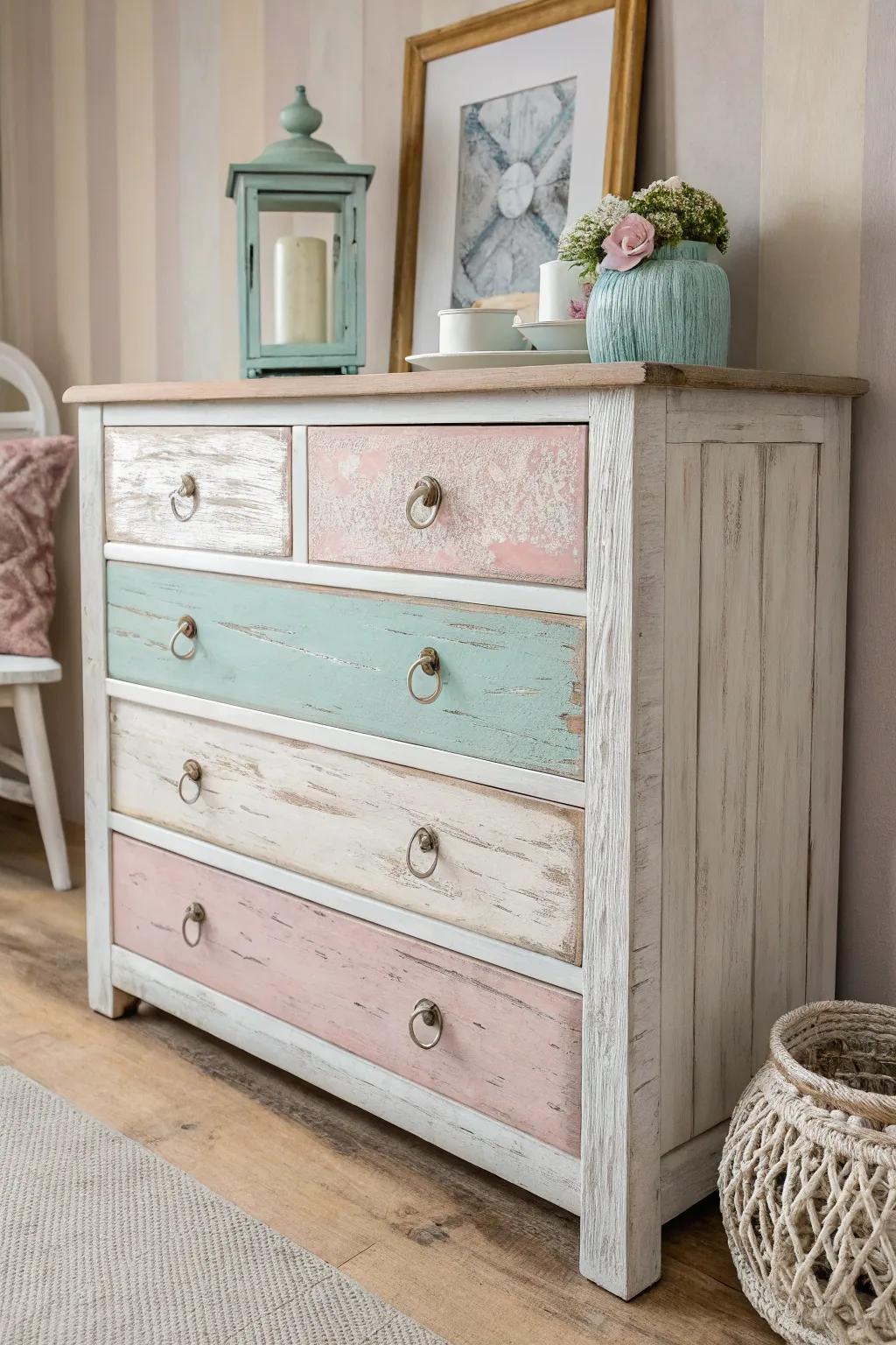 Embrace the charm of distressed elegance with this shabby chic dresser.