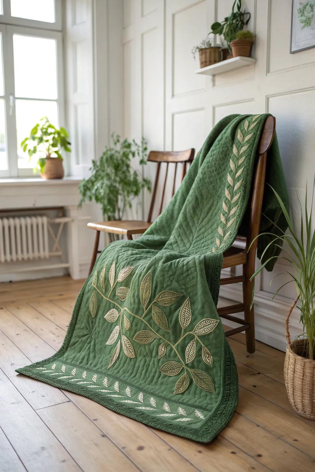 Embrace nature with this stunning quilt featuring intricate leaf appliqué, perfect for adding a touch of natural beauty to your minimalist space.