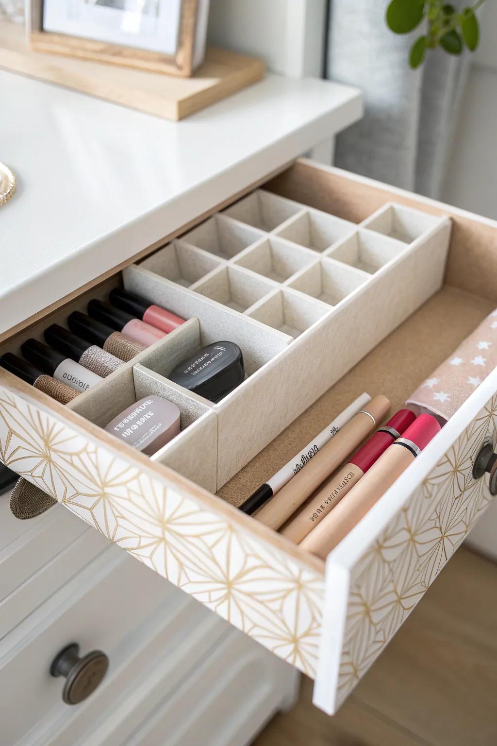 Transform your beauty drawer with eco-chic cereal box dividers for a touch of minimalist elegance.