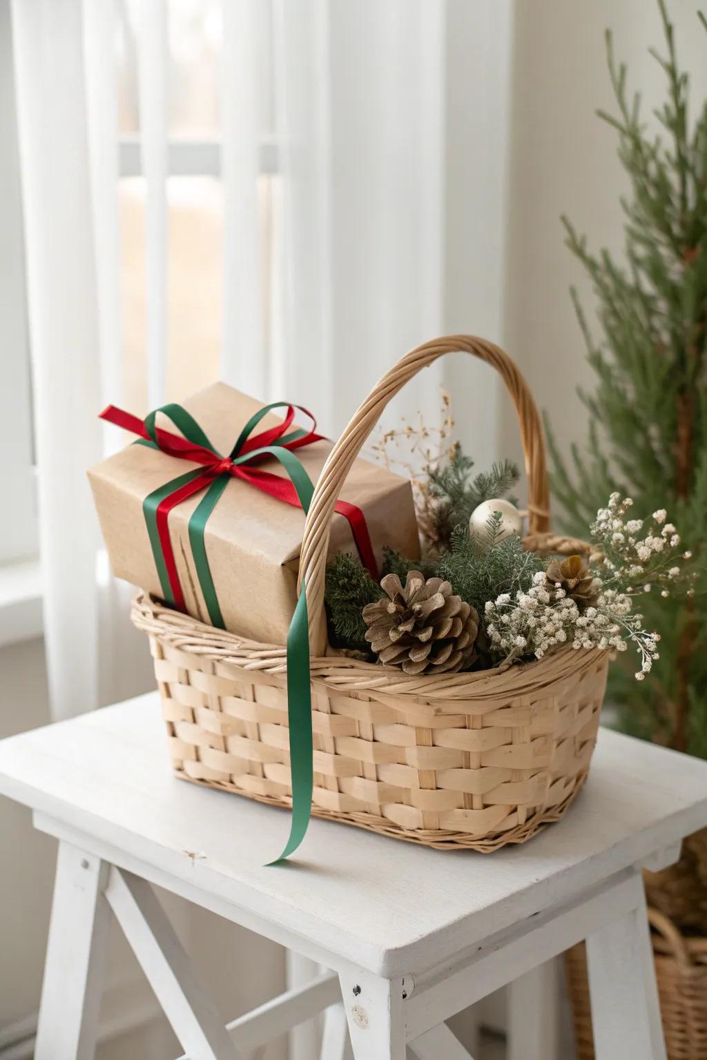 Celebrate the season with minimalist charm: A holiday-themed gift basket wrapped in festive red and green, perfect for a touch of boho elegance.