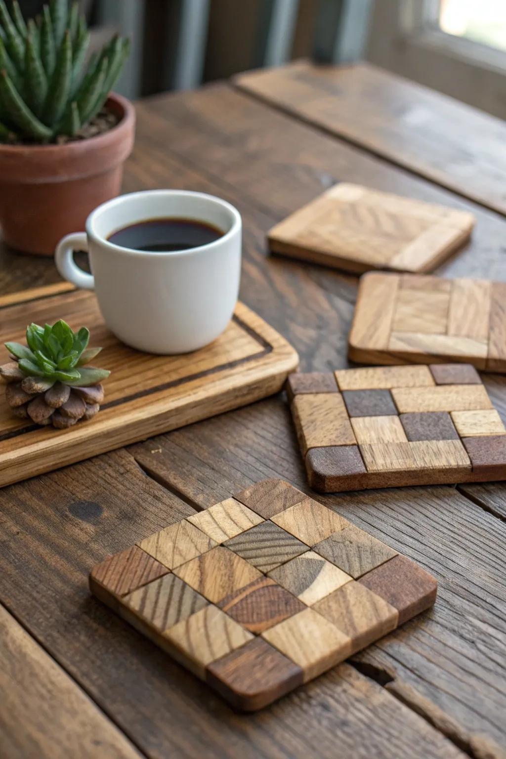 Crafted with care: Transform leftover flooring into stunning wooden coasters.
