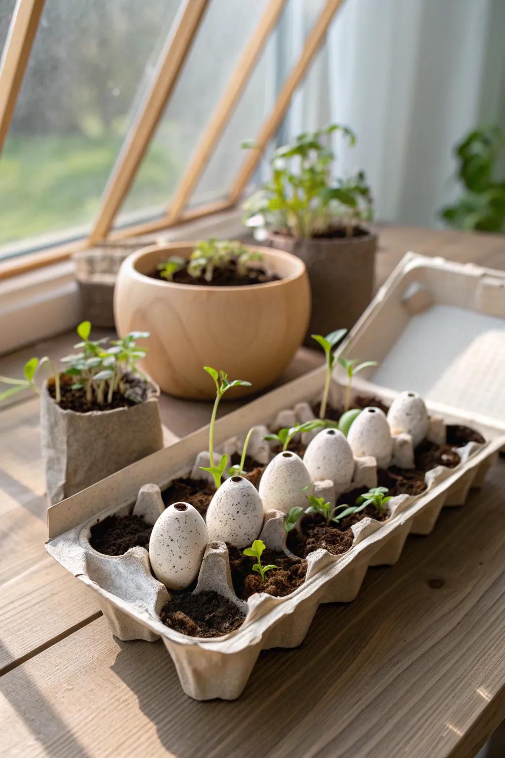 Nurture growth with style: DIY egg carton seed starters in a serene mini greenhouse setting.