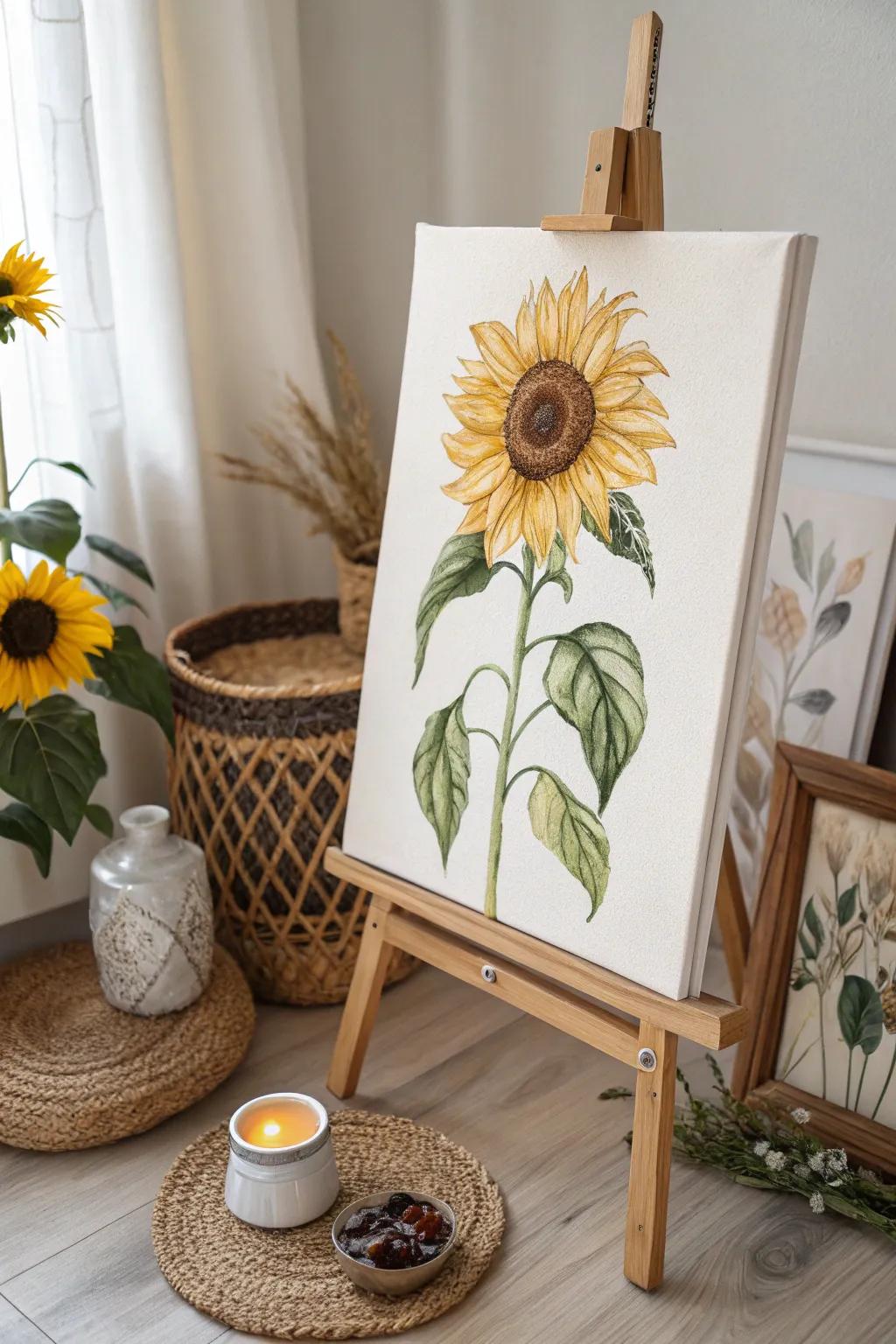 Bring the warmth of sunshine indoors with a stunning sunflower painting that radiates joy and simplicity.