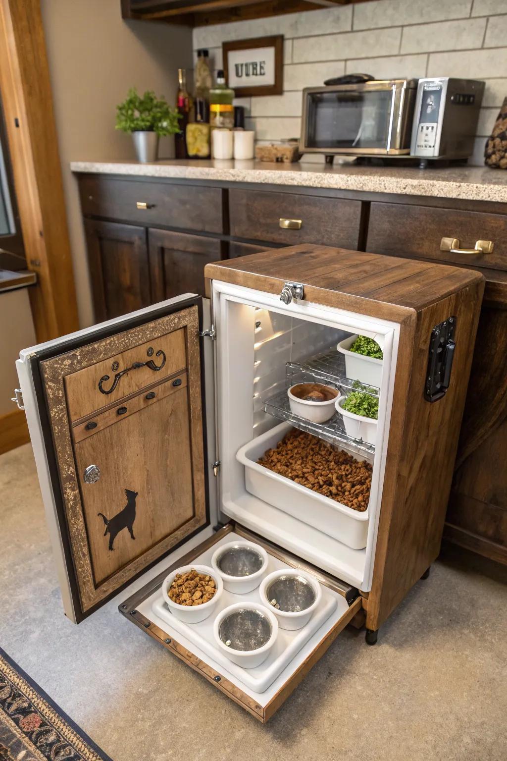 Transform your old freezer into a chic pet food storage — where style meets practicality in every handcrafted detail.