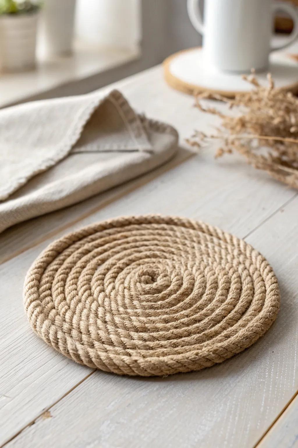Embrace rustic elegance with handmade rope coasters, perfect for adding a touch of natural beauty to your home.