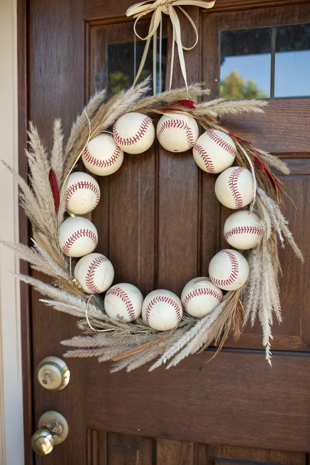 Welcome sports fans with this charming softball wreath that elegantly blends minimalist design with bohemian touches. ⚾️✨