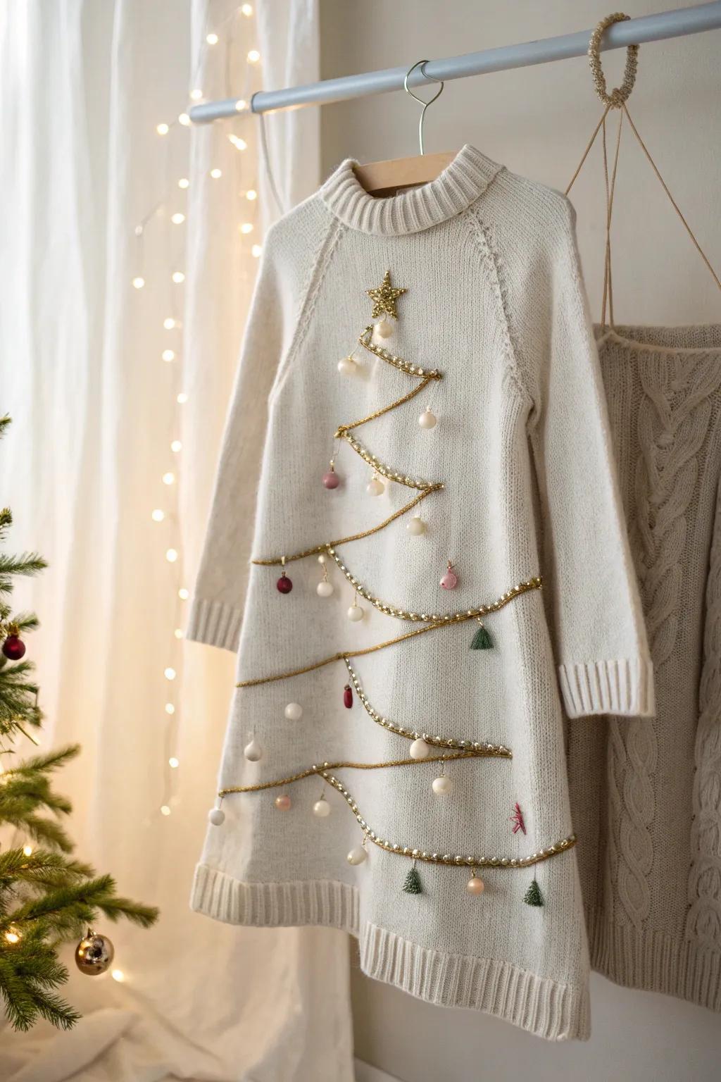 Transform your style with a festive twist - a cozy sweater dress that captures the spirit of a Christmas tree!