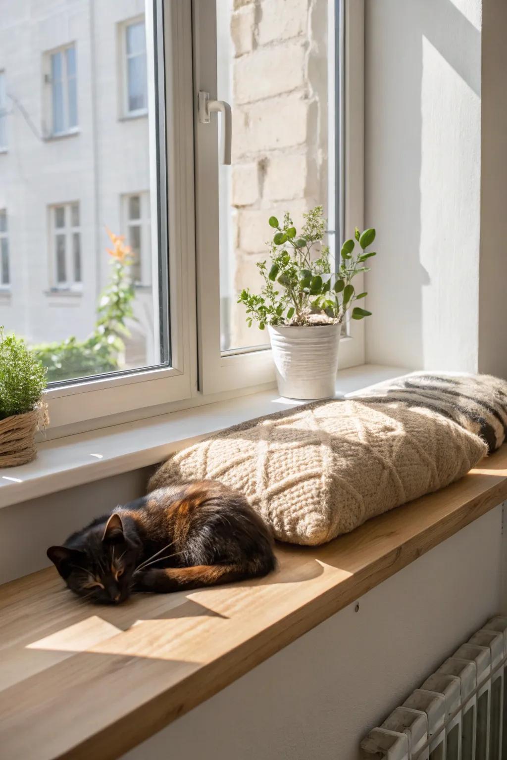 Create a serene sunlit retreat for your feline friend with this minimalist window sill nook.