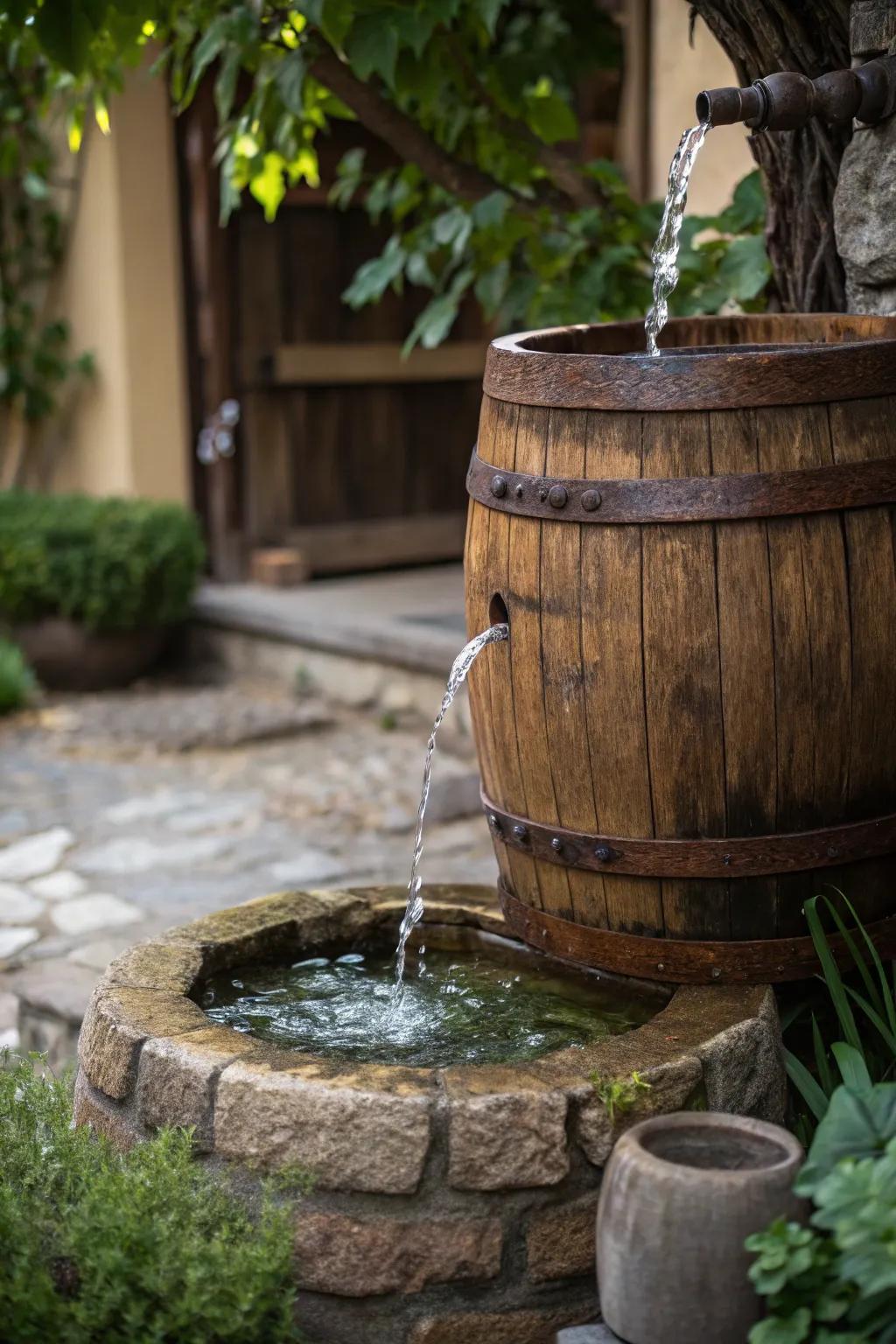 Transform your garden with a handcrafted wooden barrel fountain, where craftsmanship meets serenity.