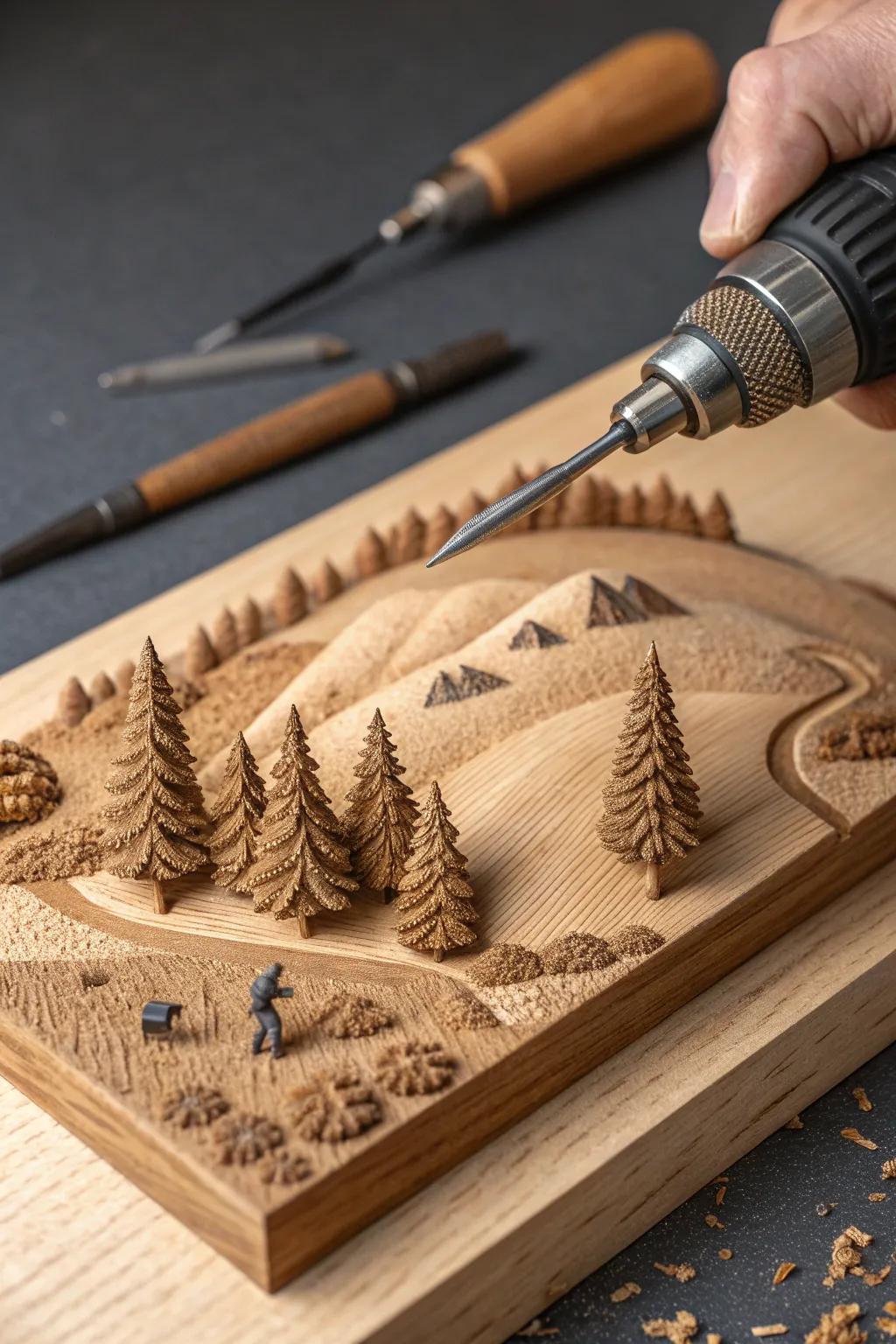Explore the art of miniature wood carving: Begin your journey with this intricate landscape scene, crafted with precision and passion.