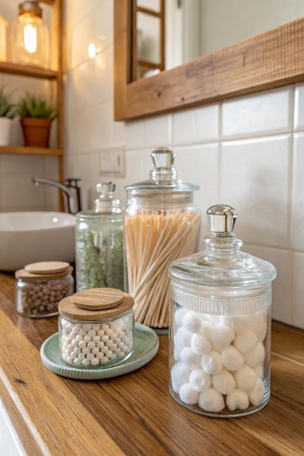 Transform your bathroom with vintage charm: Repurpose old jars for stylish and sustainable organization.