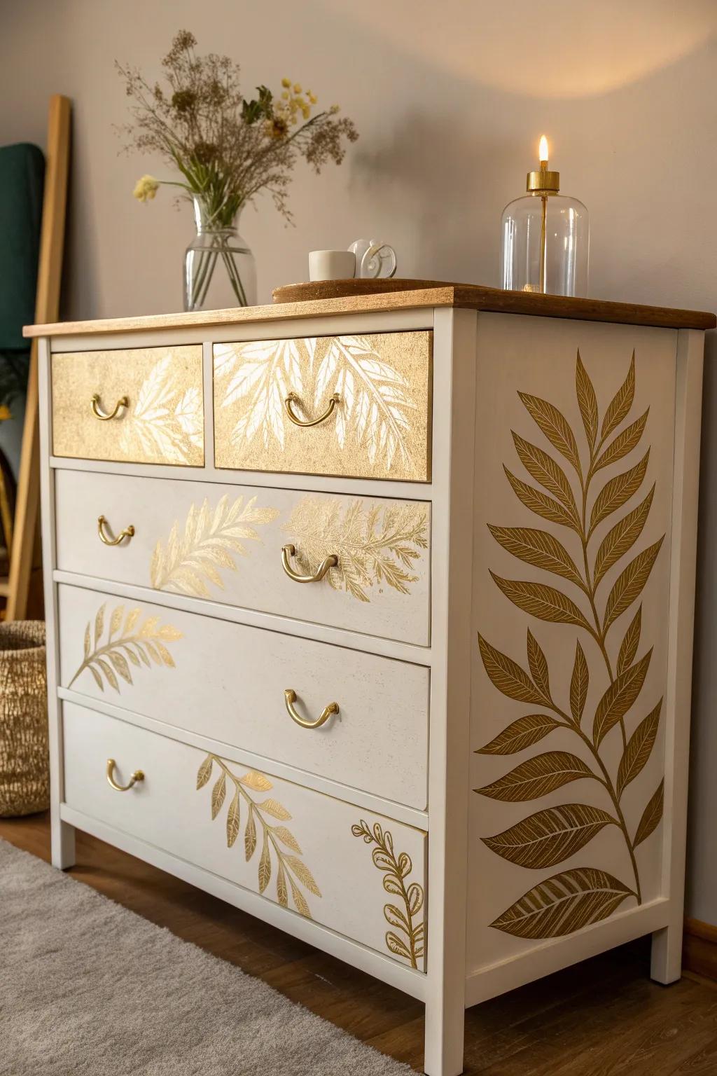 Transform your space with a touch of metallic magic – elevate your dresser with gold leaf accents.