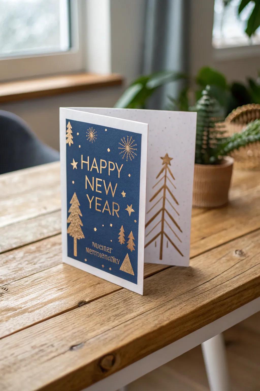 Elevate your New Year's greetings with a touch of gold against deep blue hues for a striking minimalist statement.
