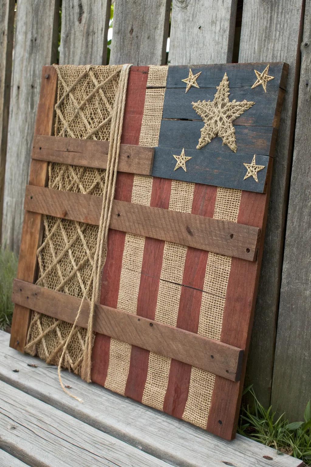 Eco-chic craftsmanship: Elevate your space with a rustic pallet flag adorned with natural elements.
