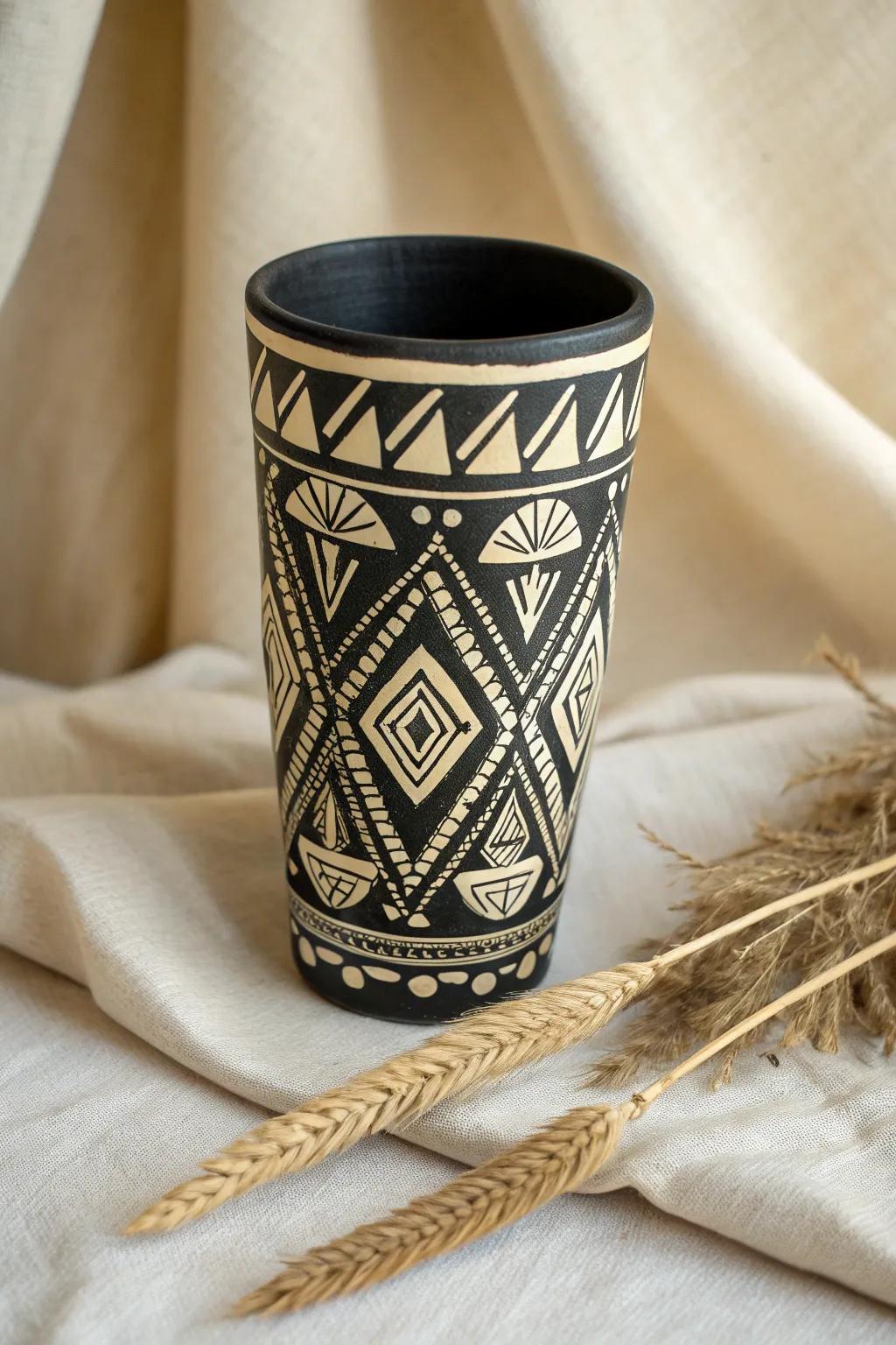 Discover the elegance of tribal artistry with this stunning tumbler, where bold patterns meet minimalist charm.