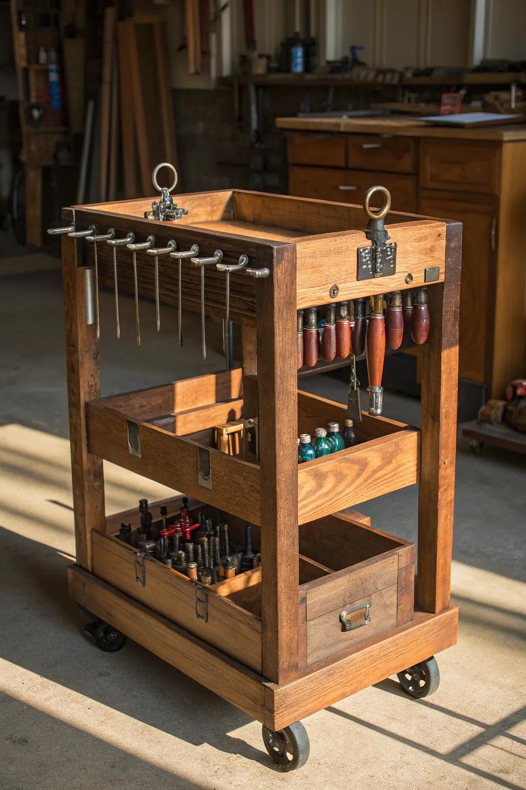 Transform vintage charm into practical storage with this repurposed bar cart clamp rack.