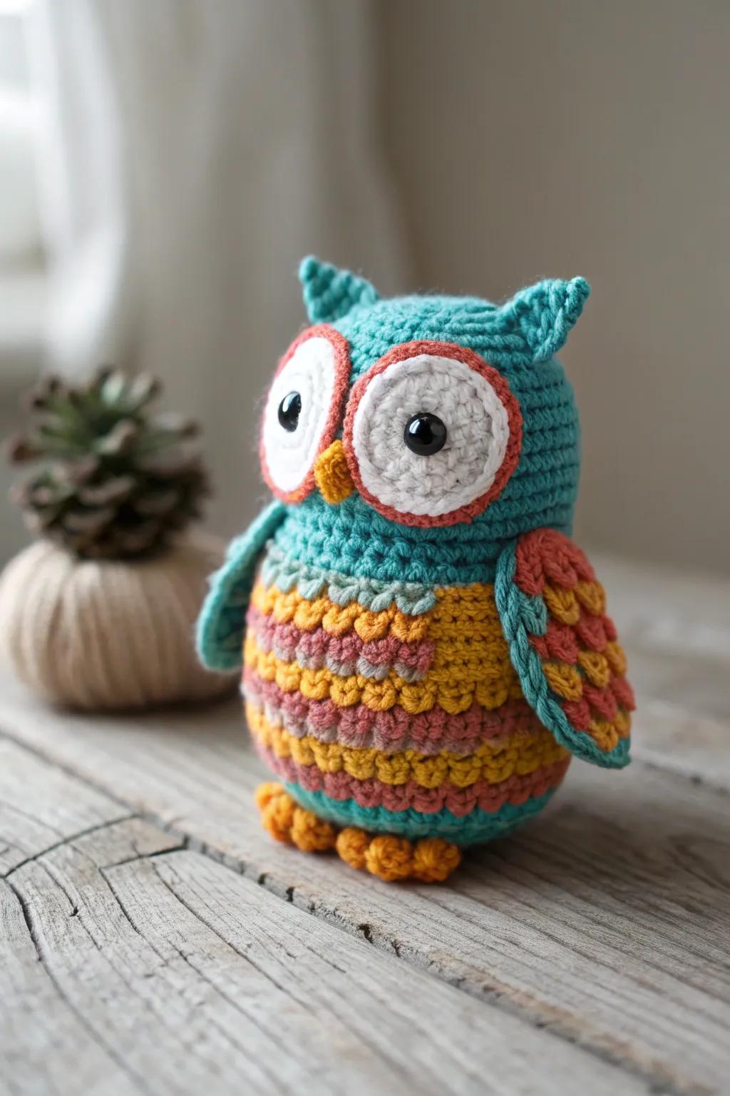 Charming and colorful, this mini amigurumi owl brings a playful touch to any space—crafted with love from leftover yarn. #CrochetMagic #AmigurumiArt