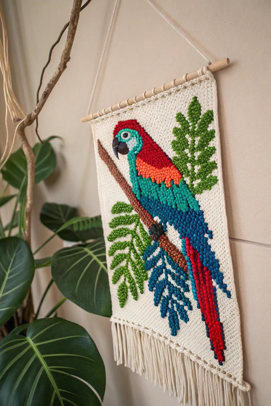 Add a splash of tropical vibrancy to your space with this stunning handcrafted parrot wall hanging.