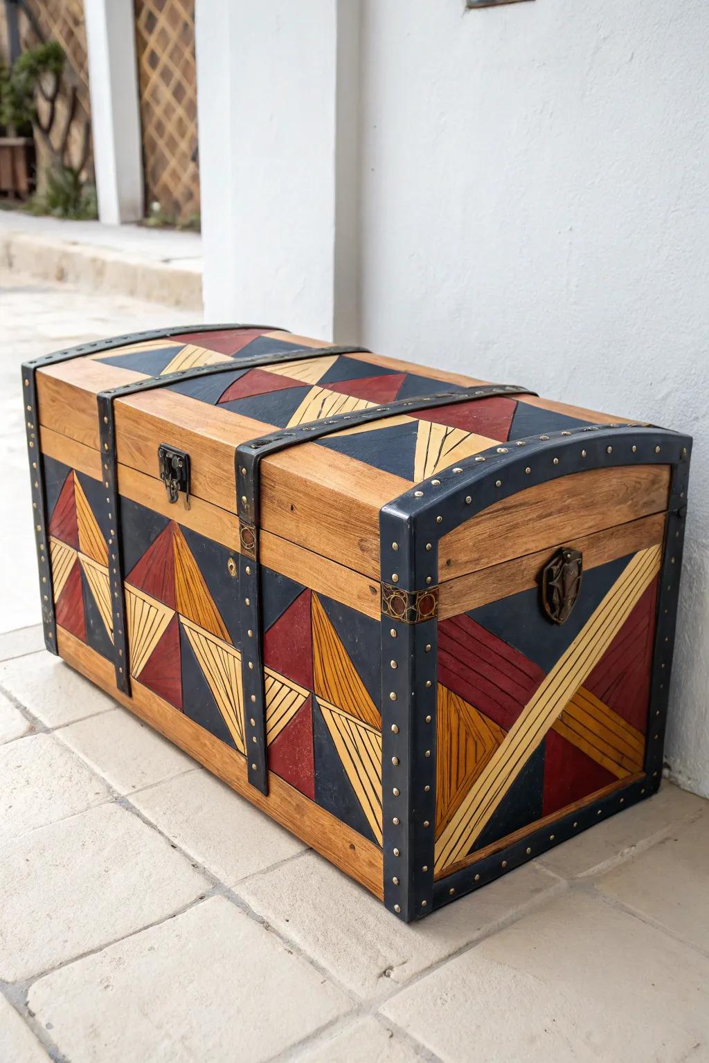 Transform your treasure chest into a modern masterpiece with bold geometric flair!
