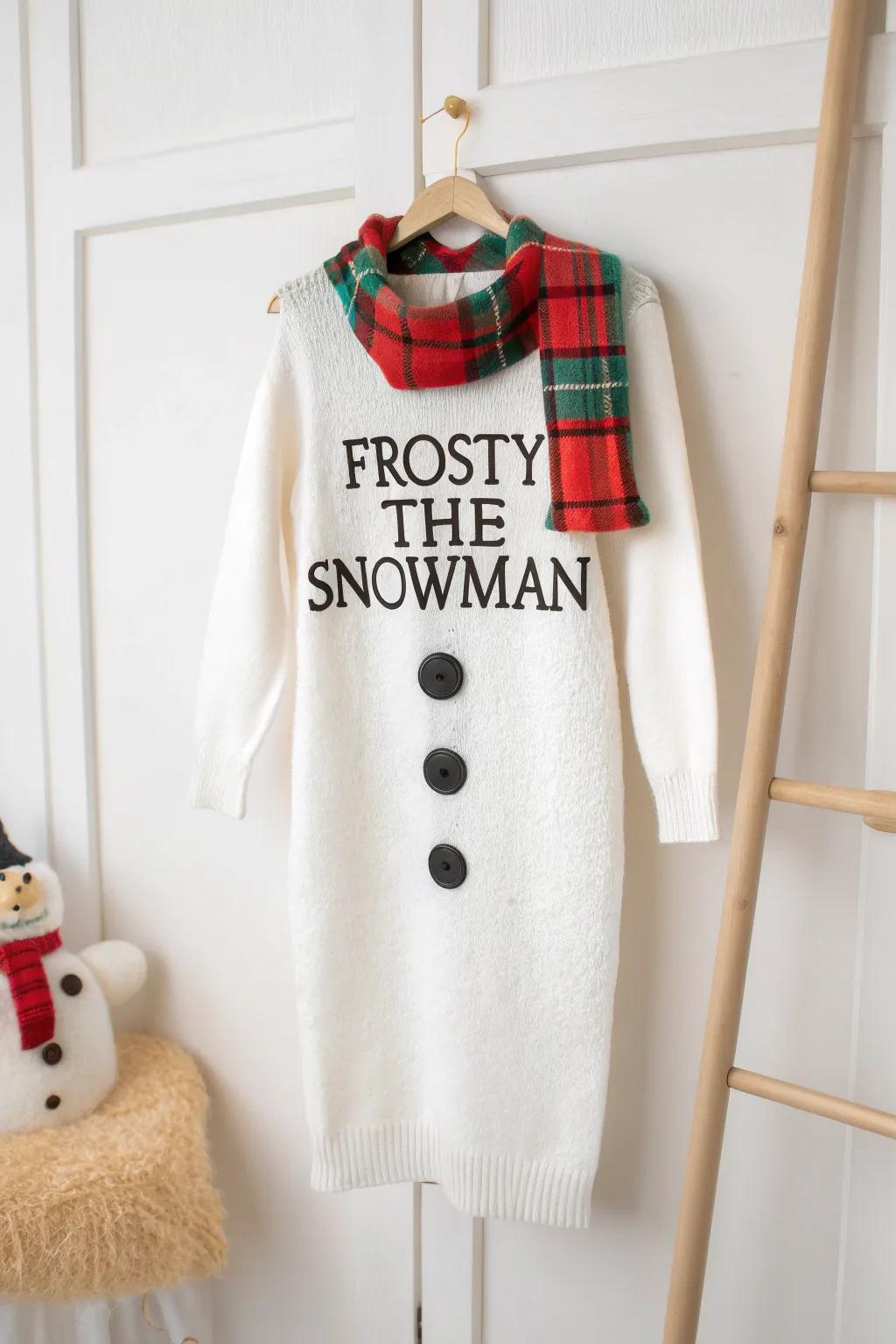 Chill with style: Unleash your inner Frosty with this charming snowman sweater dress—perfect for stealing the spotlight at any holiday gathering!