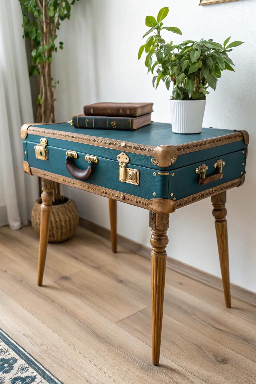 Elevate your space with a touch of nostalgia and creativity: a vintage suitcase turned table, blending boho charm with Scandinavian simplicity.
