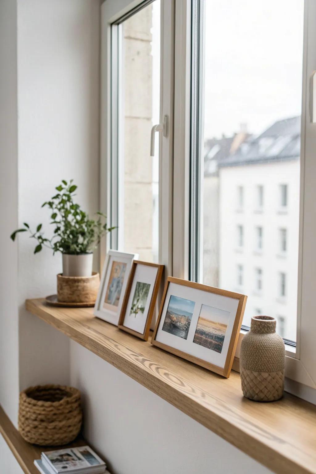 Transform your space with a minimalist art gallery on your window sill—simplicity and creativity in perfect harmony.