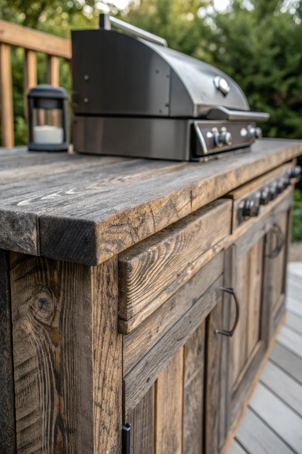 Embrace the timeless charm of a weathered wood finish for your grill station.