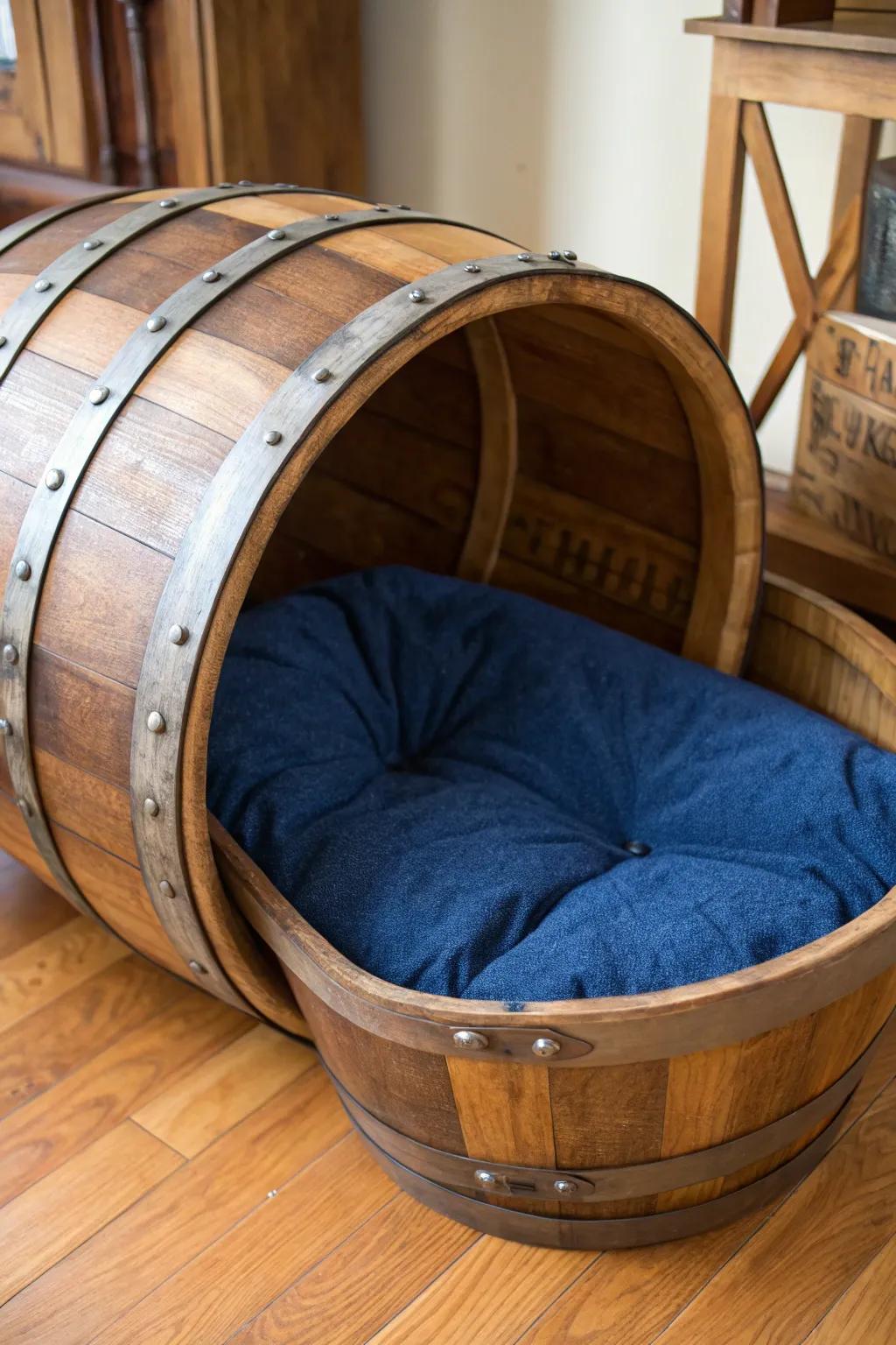 Transform a wooden barrel into a cozy haven for your furry companion with this elegant, handcrafted dog bed.