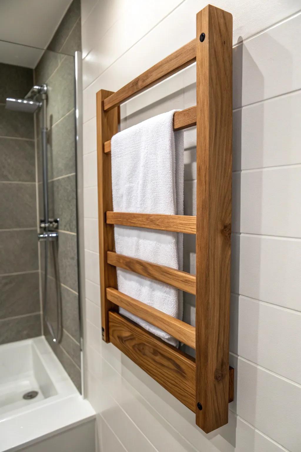 Elevate your bathroom style with a handcrafted 2x4 towel rack—where simplicity meets modern elegance.