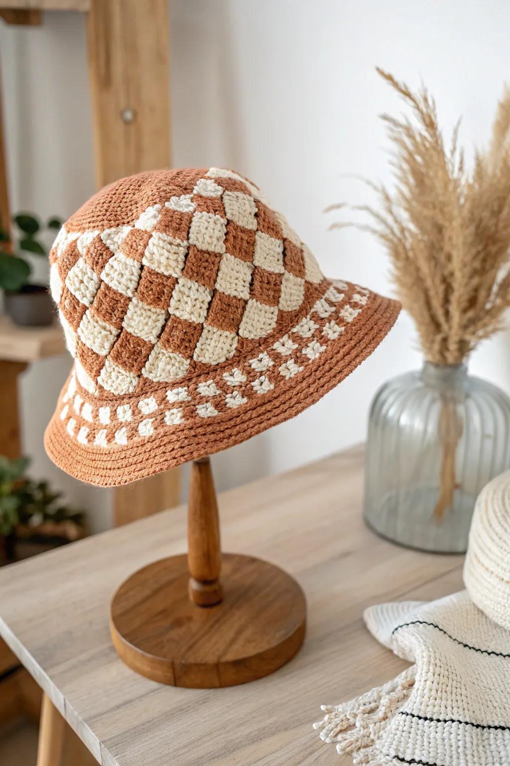 Elevate your style with a charming checkered crochet hat, where simplicity meets artisanal beauty.