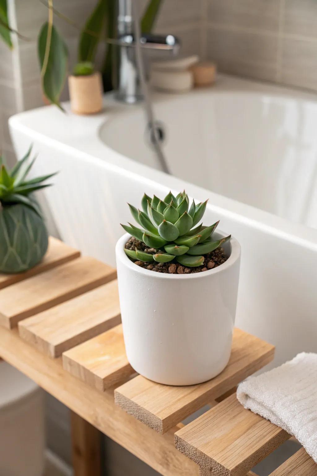 Transform your bathroom into a serene spa oasis with the simple addition of a lush succulent.