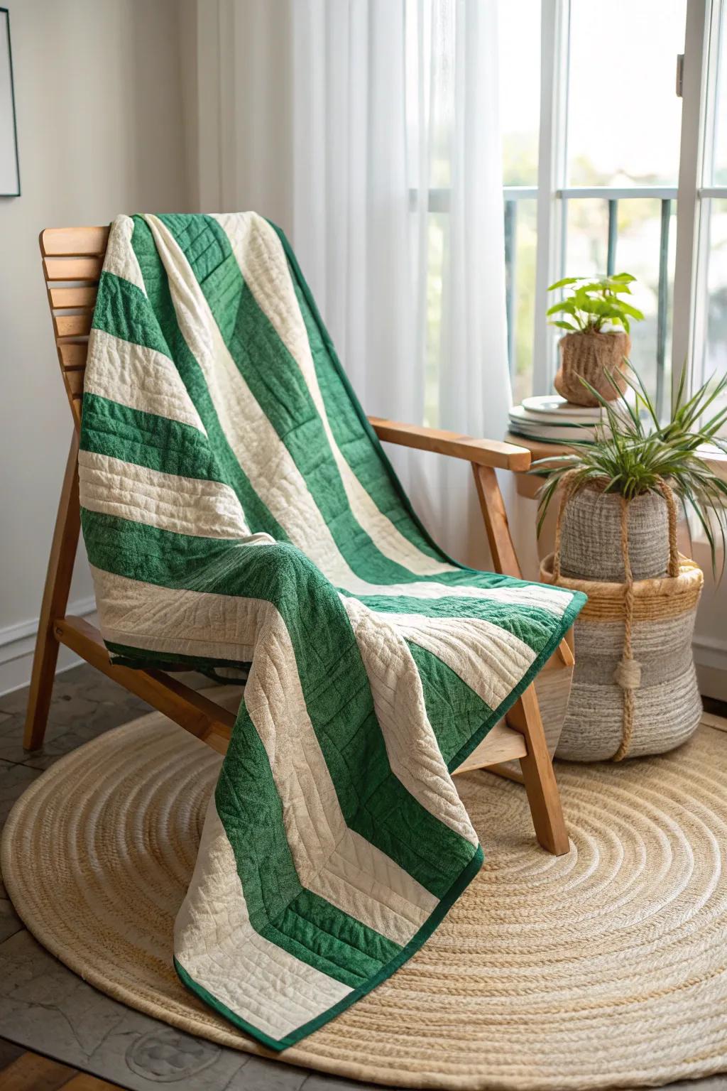 Embrace the elegance of striped sophistication with this stunning green quilt. Perfect for any setting, it combines modern style with timeless beauty.