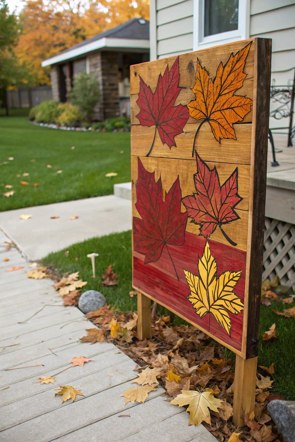 Transform leftover flooring into a stunning autumn yard sign that adds a touch of handmade charm to your outdoor space.