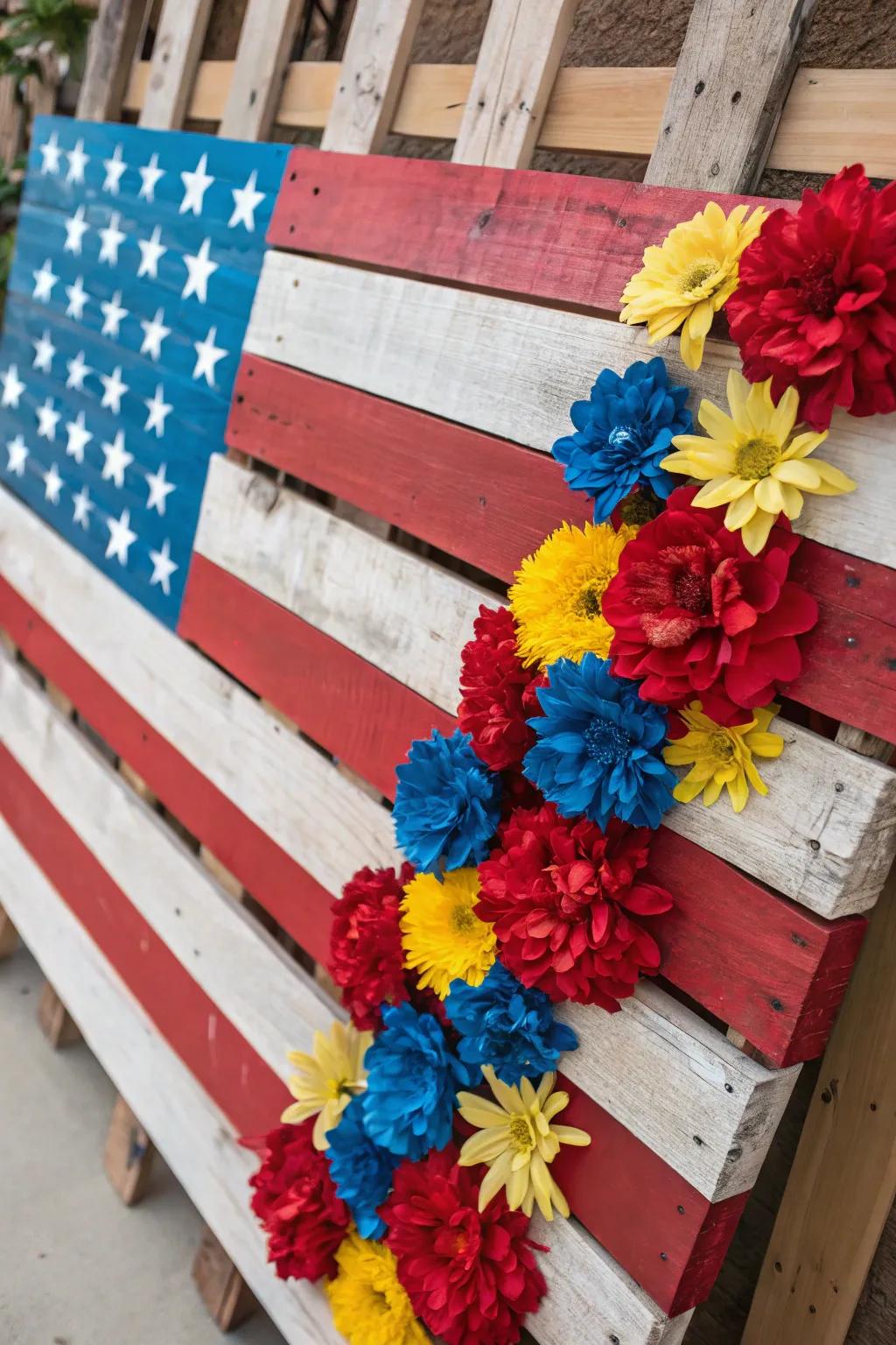 Revitalize your space with this handcrafted pallet flag, bursting with vibrant floral embellishments.