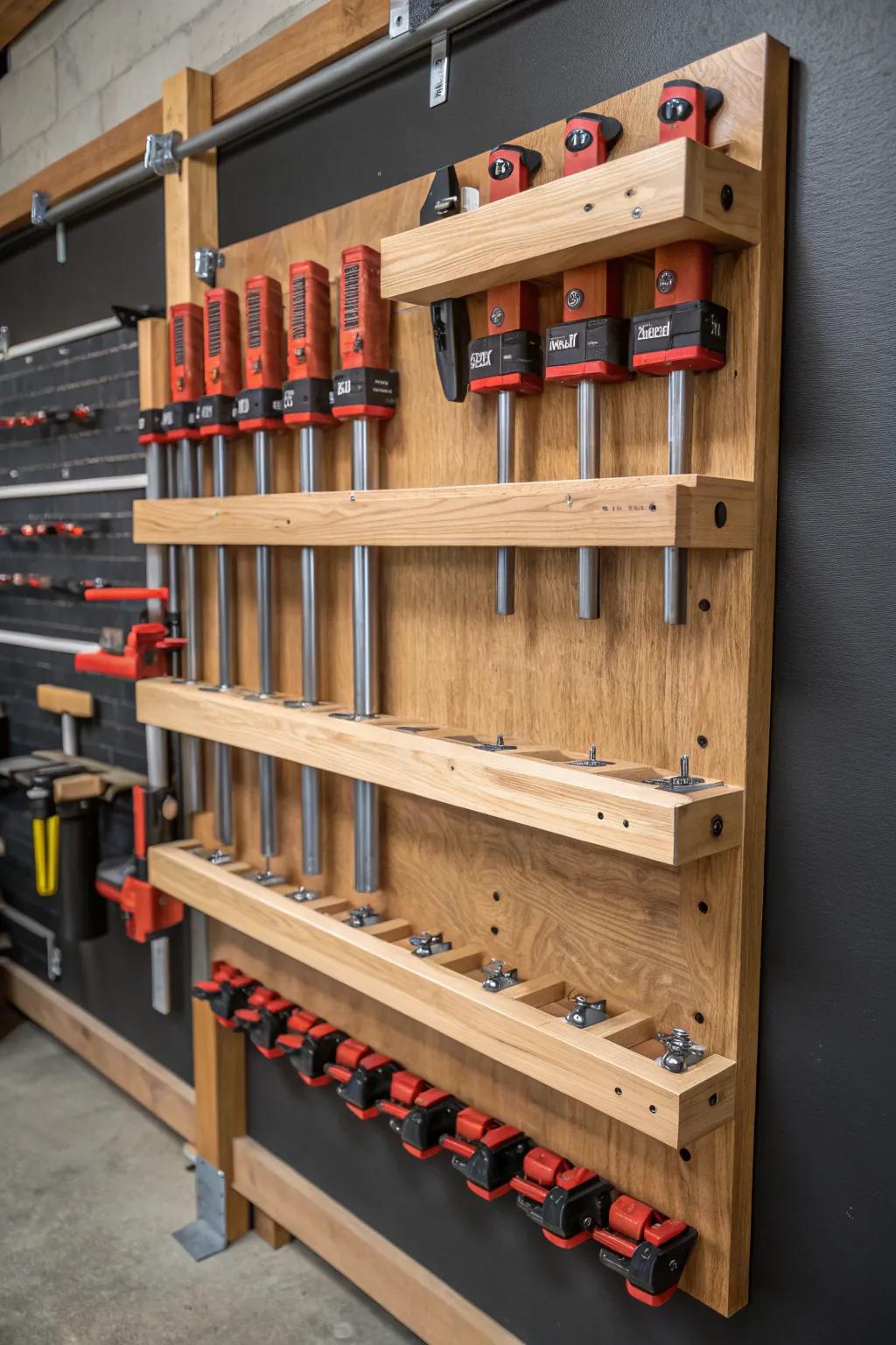 Revolutionize your workshop with this robust French cleat system for seamless clamp organization and adaptability.