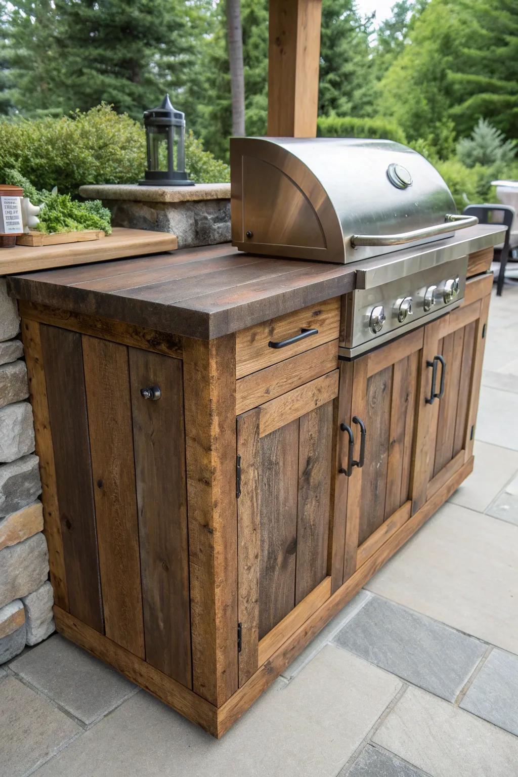 Elevate your grill station with the timeless charm of reclaimed wood cabinets—where every grain tells a story.