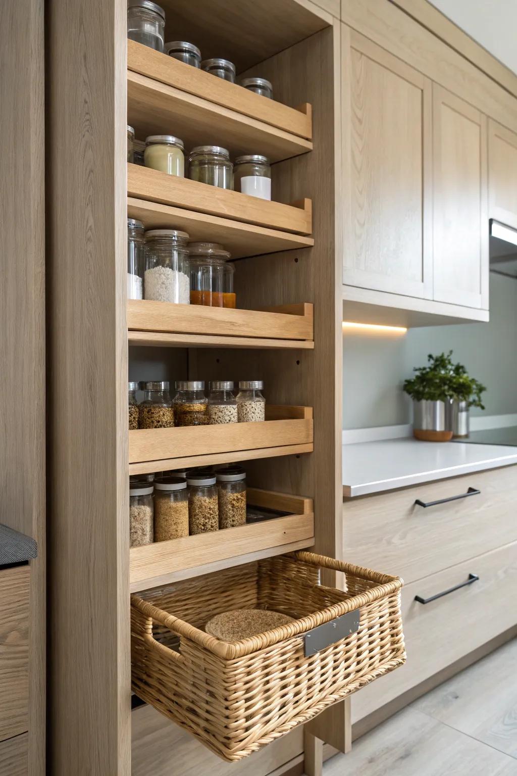 Transform your pantry with stylish pull-out shelves for effortless organization and timeless beauty.