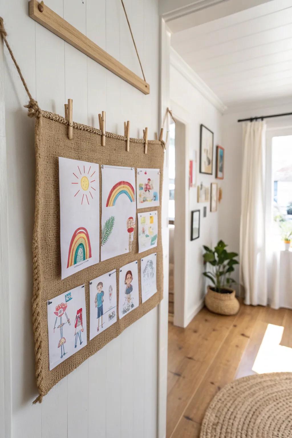 Celebrate your child's creativity with a charming burlap display that adds warmth and color to any minimalist space.