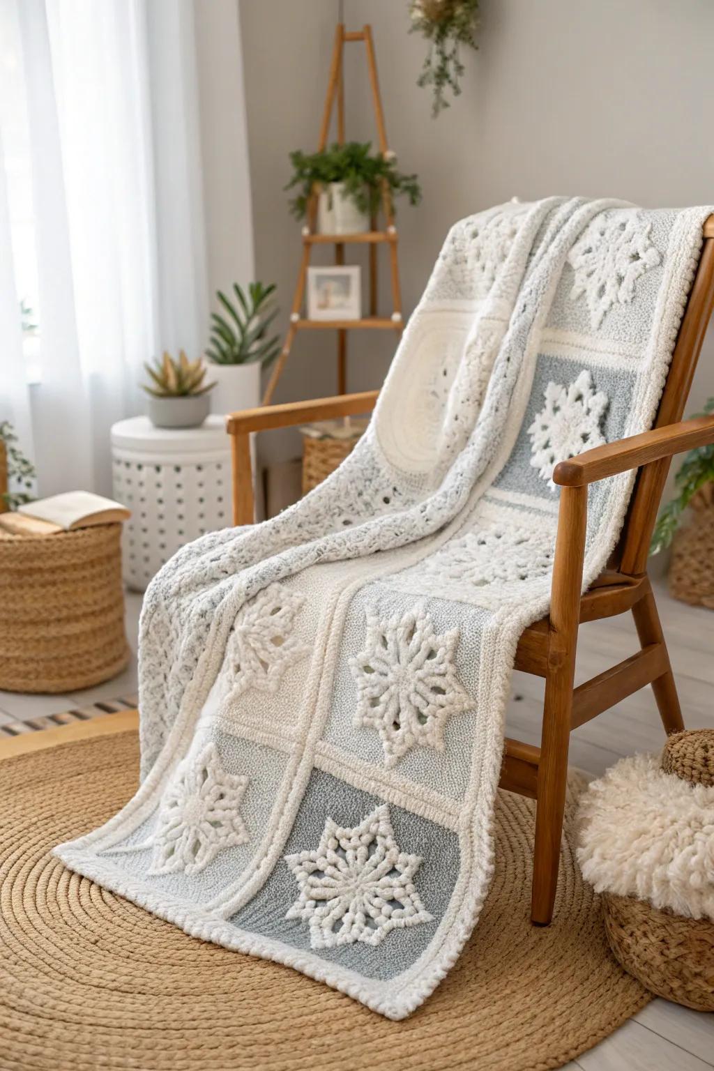 Capture the essence of Nordic winters with this exquisite snowflake crochet blanket, perfect for cozying up on chilly days.
