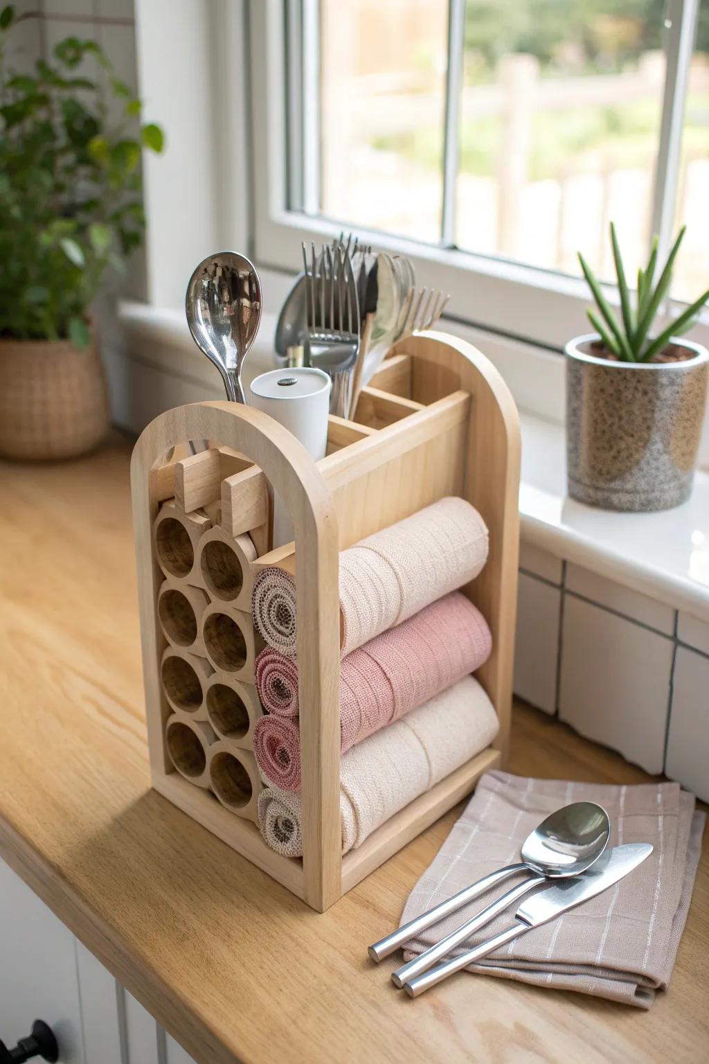 Elevate your kitchen organization with a touch of Scandinavian simplicity and boho charm by repurposing a wine rack into an elegant utensil holder. 🌿✨