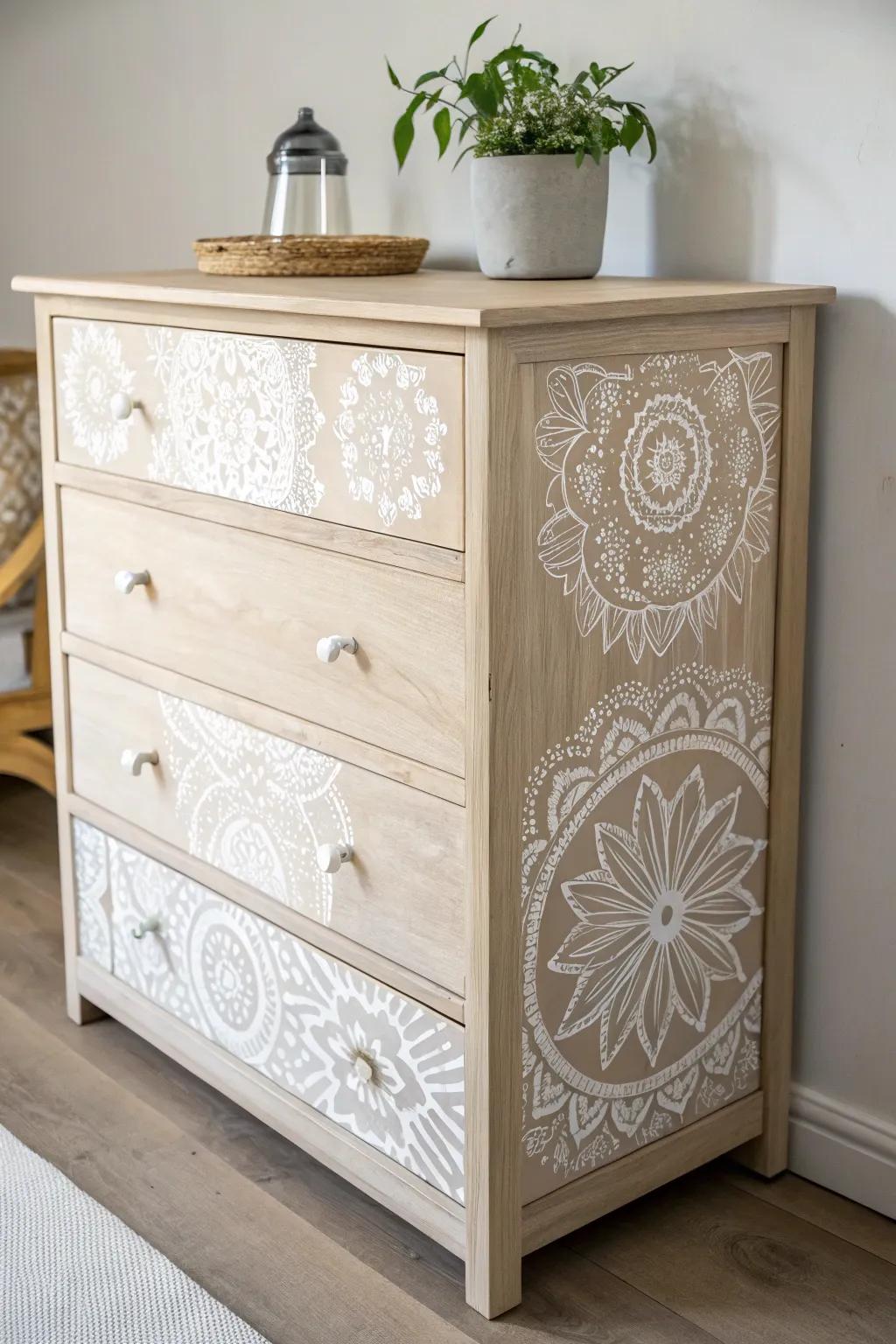 Transform your dresser with elegant stencil designs – effortless beauty for your space.