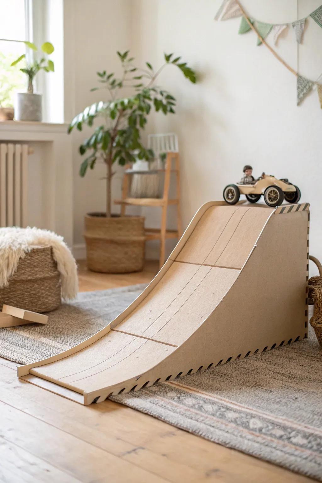 Rediscover childhood joy with a handcrafted cardboard ramp for toy car racing.